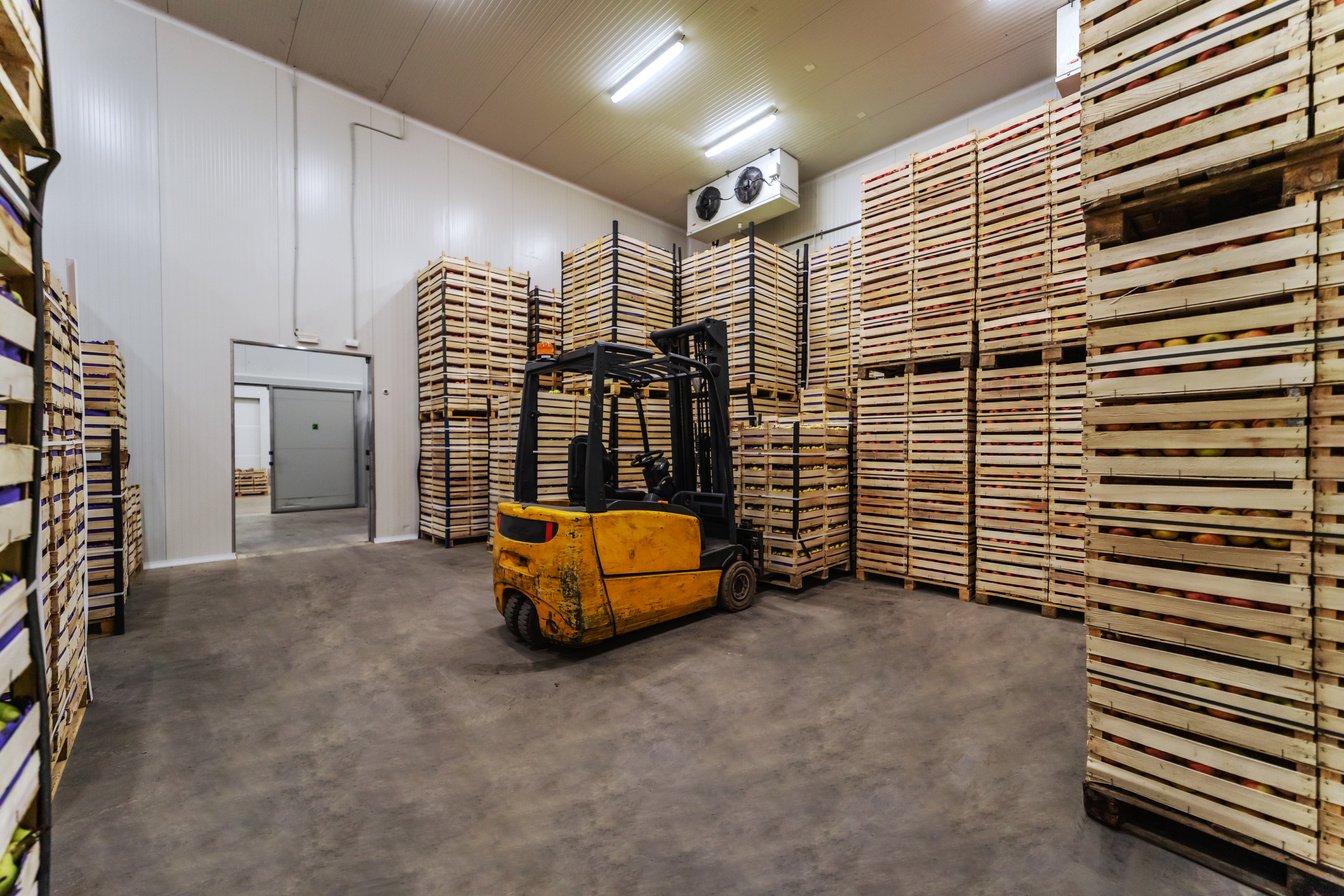 Forklift lifting crates with fruits. Cold storage interior.